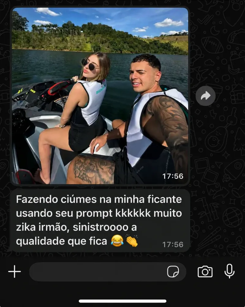 Depoimento de cliente no WhatsApp — casal no jet ski