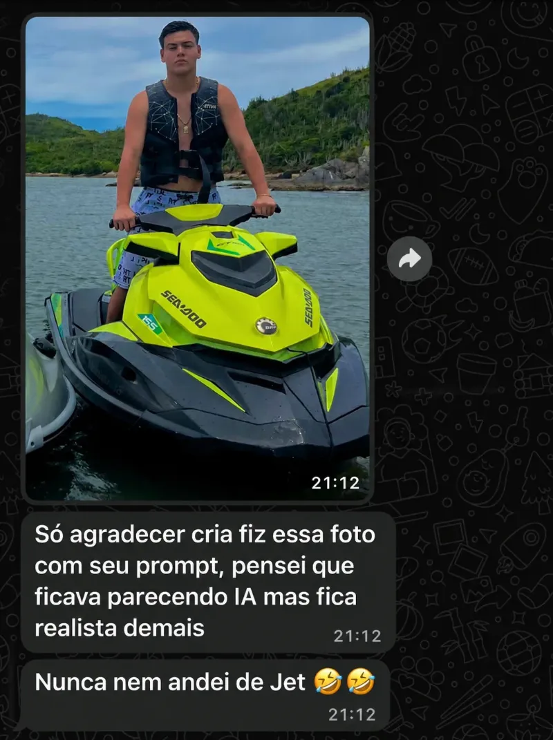 Depoimento de cliente no WhatsApp — foto no jet ski